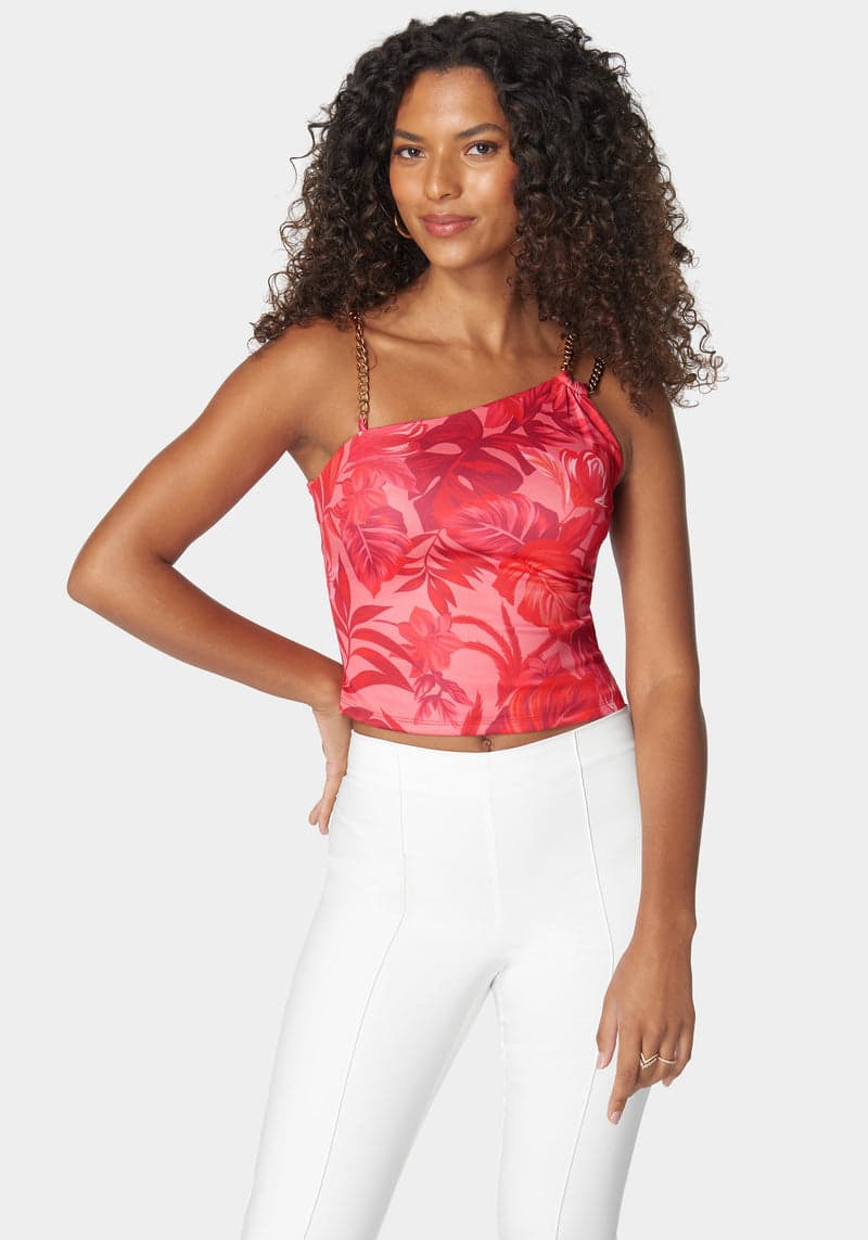 Bebe Printed Asymmetric Chain Knit Top