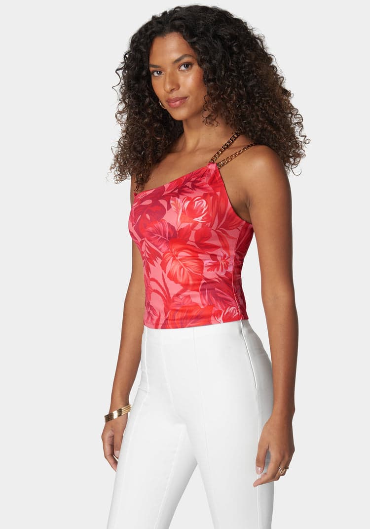 Bebe Printed Asymmetric Chain Knit Top