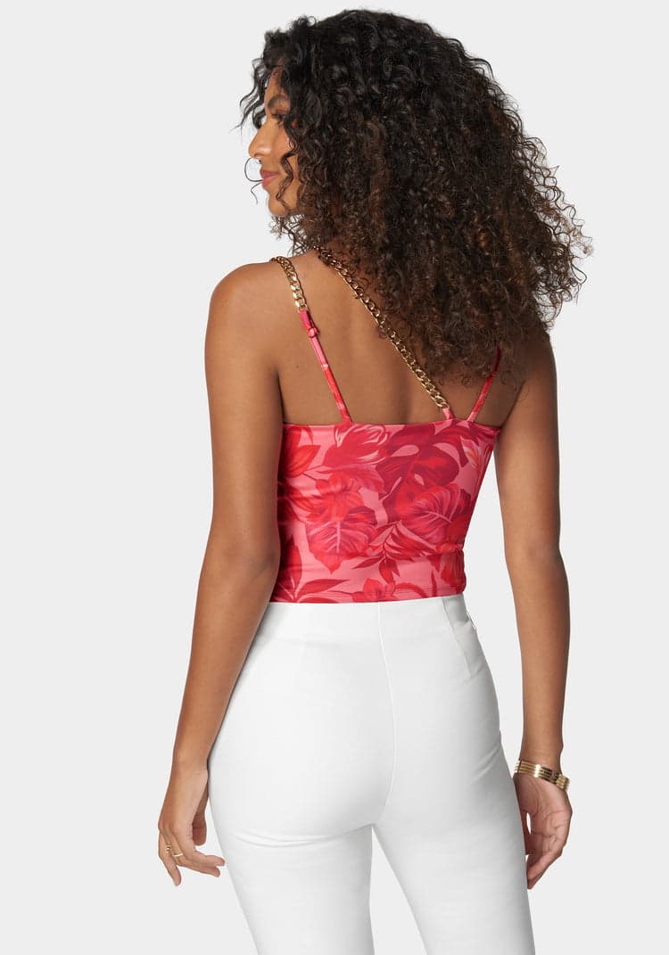 Bebe Printed Asymmetric Chain Knit Top