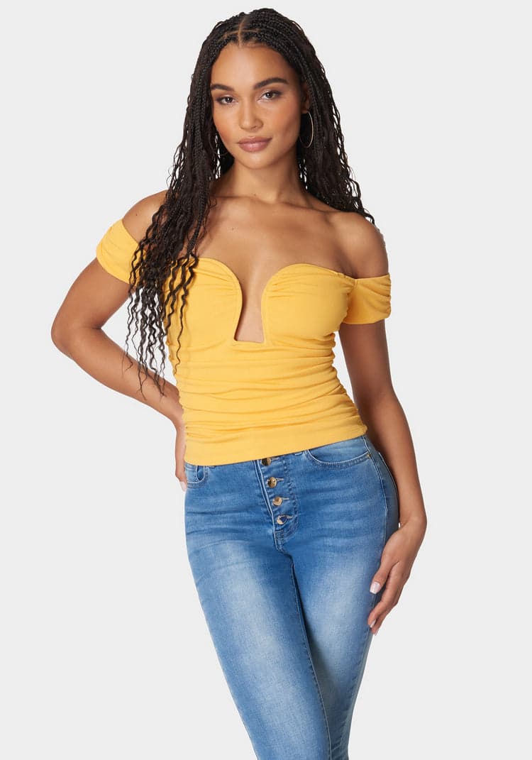 Bebe Ruched Cut Out Cold Shoulder Knit Top