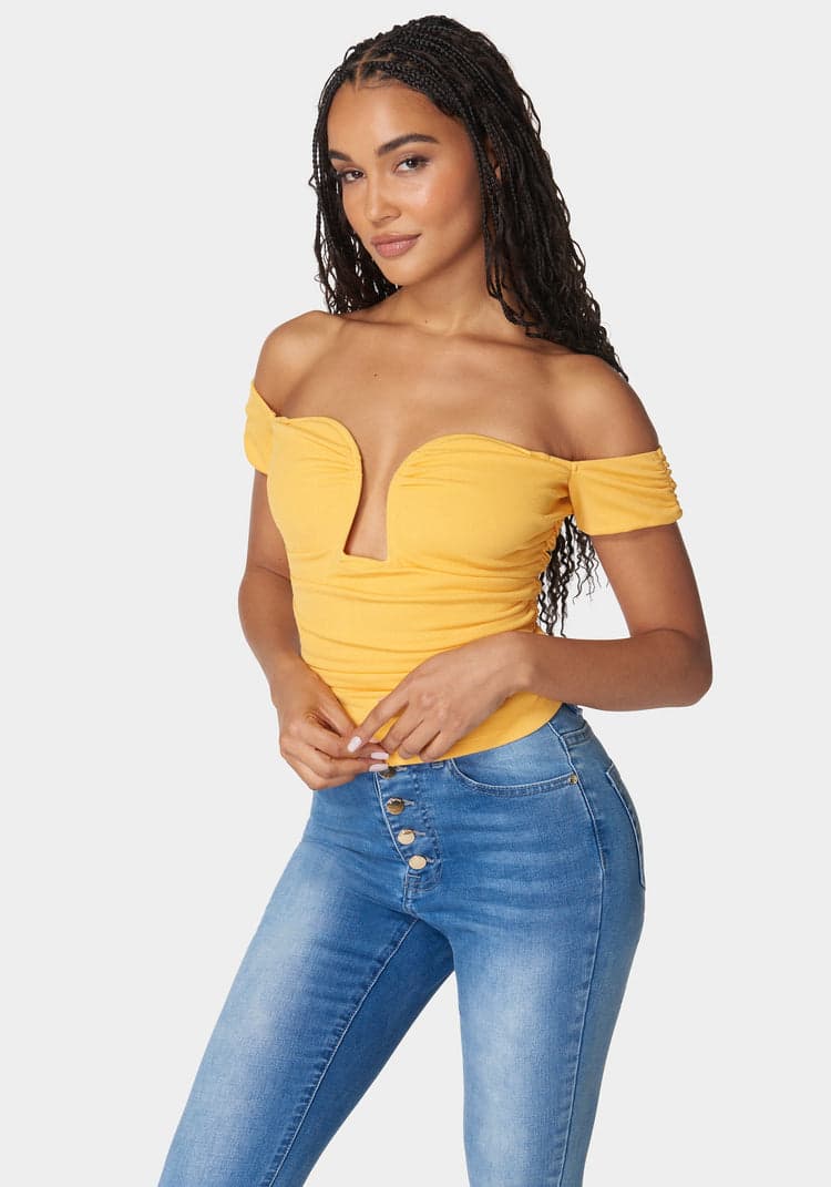 Bebe Ruched Cut Out Cold Shoulder Knit Top