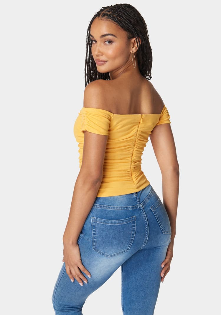 Bebe Ruched Cut Out Cold Shoulder Knit Top