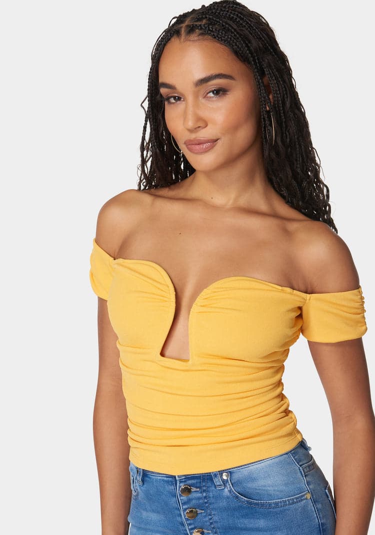 Bebe Ruched Cut Out Cold Shoulder Knit Top