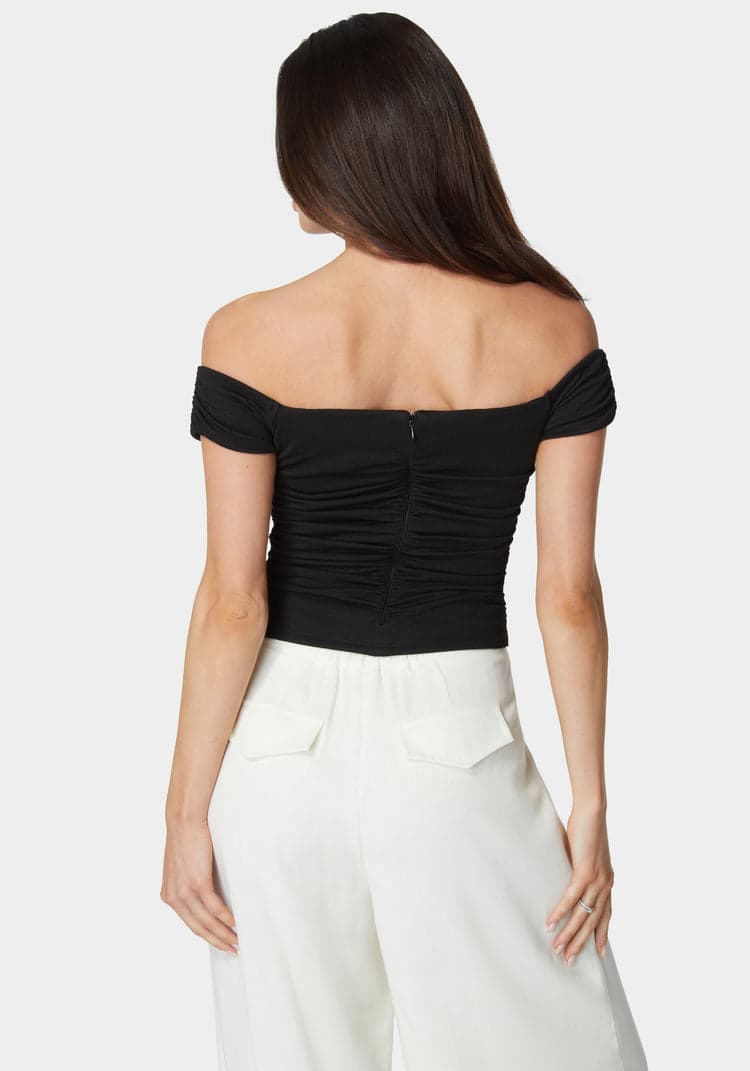 Bebe Ruched Cut Out Cold Shoulder Knit Top