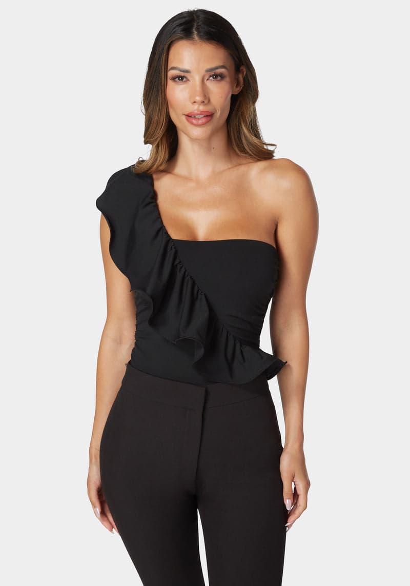 Bebe One Shoulder Ruffle Knit Bodysuit