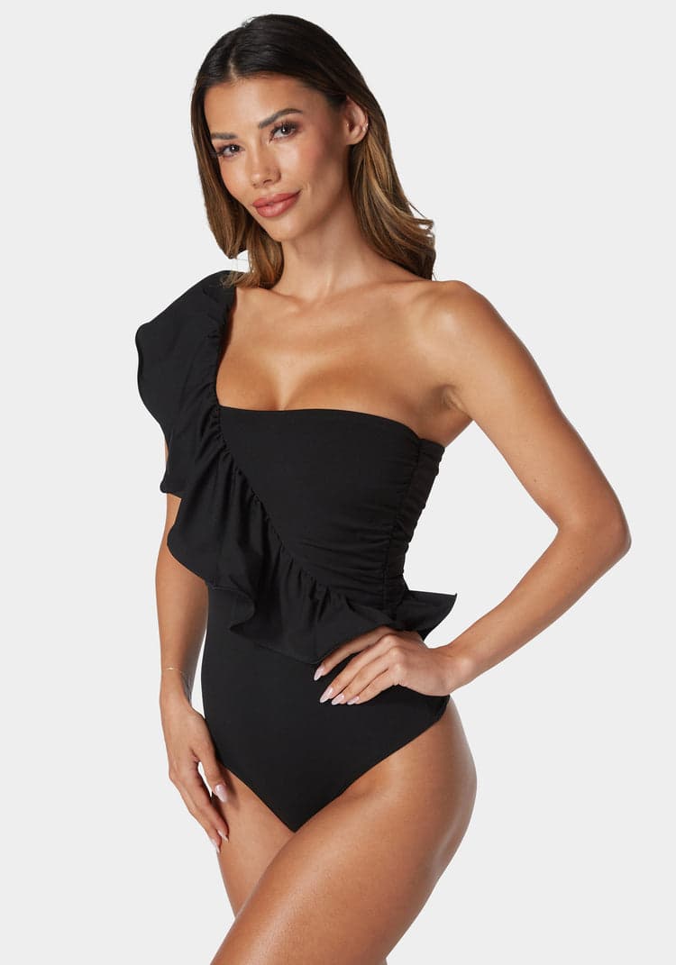 Bebe One Shoulder Ruffle Knit Bodysuit