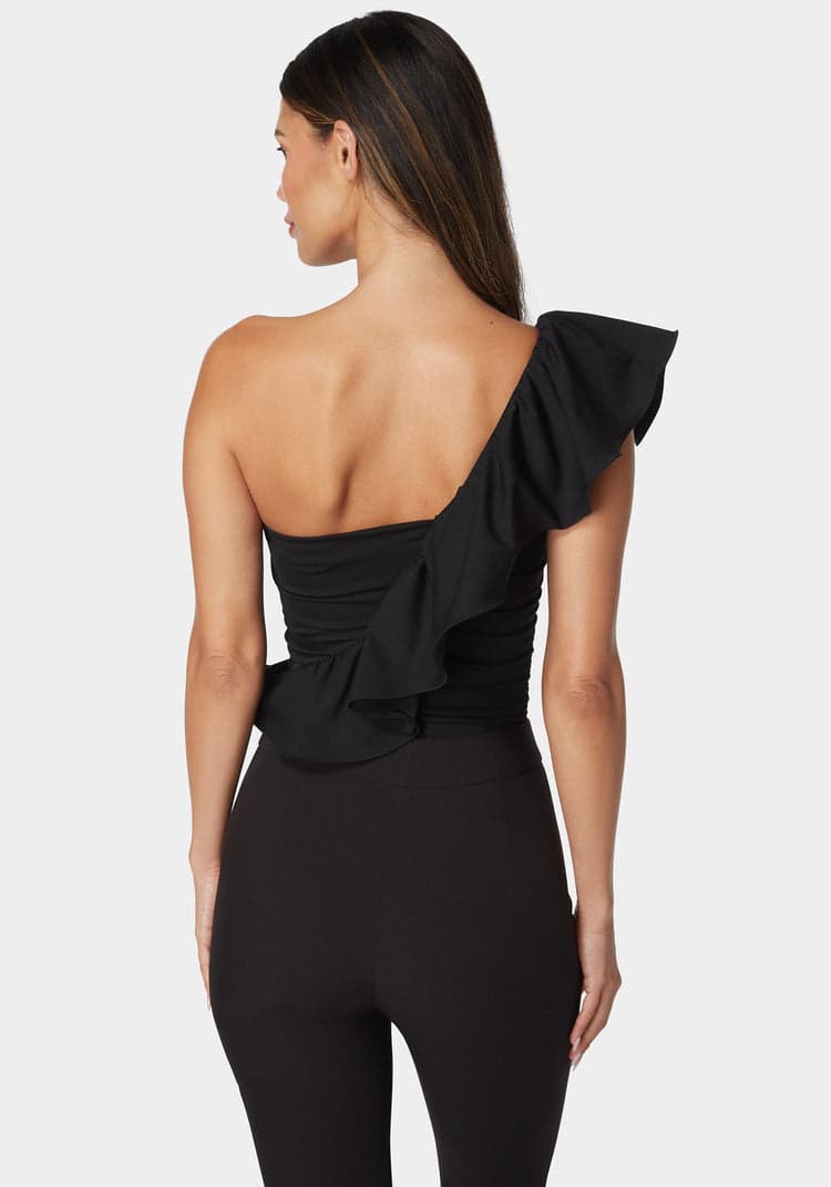 Bebe One Shoulder Ruffle Knit Bodysuit
