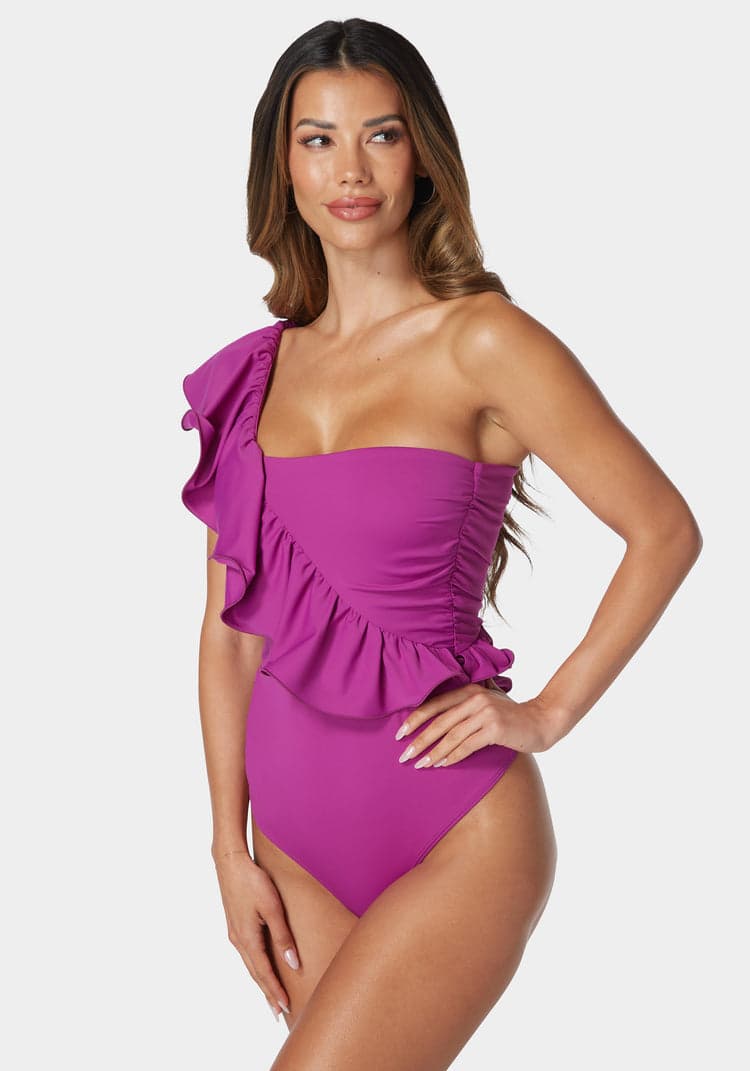 Bebe One Shoulder Ruffle Knit Bodysuit