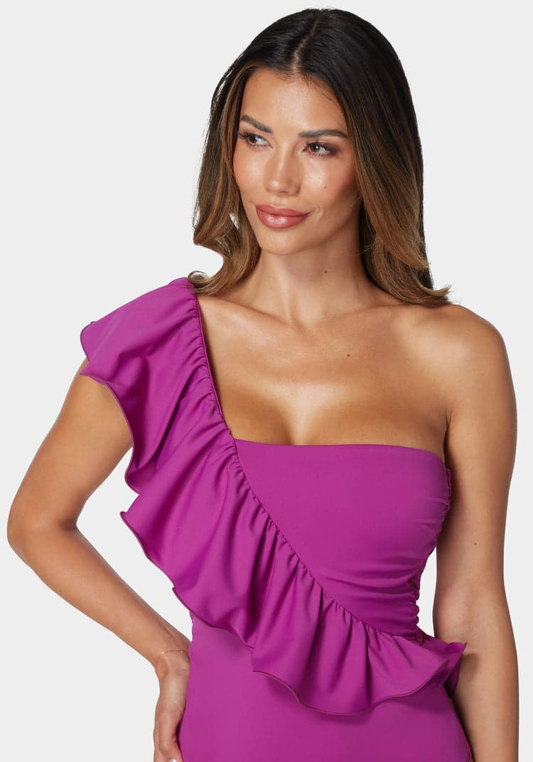Bebe One Shoulder Ruffle Knit Bodysuit