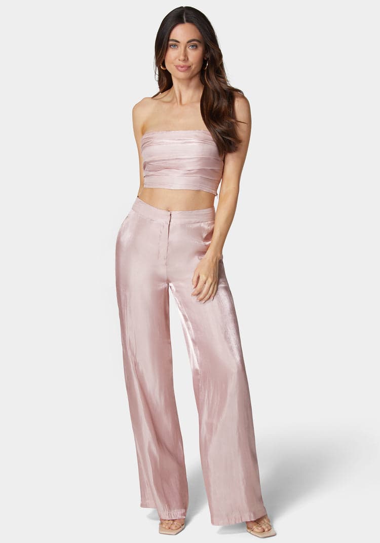 Bebe Iridescent Satin High Waist Palazzo Leg Pants
