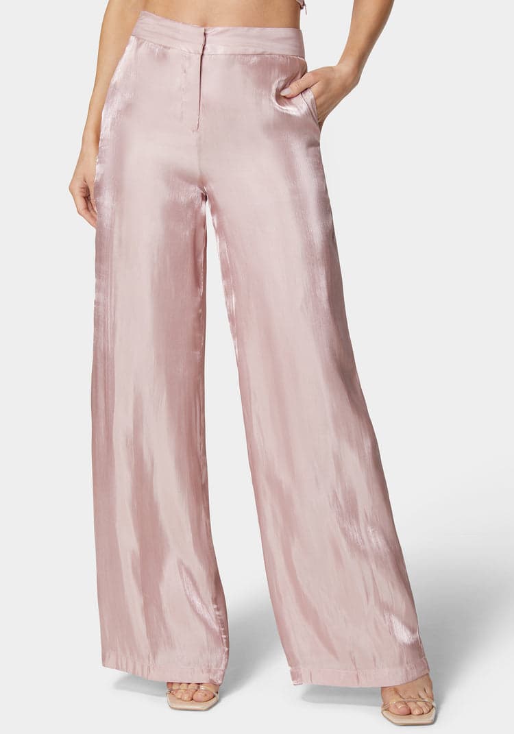 Bebe Iridescent Satin High Waist Palazzo Leg Pants