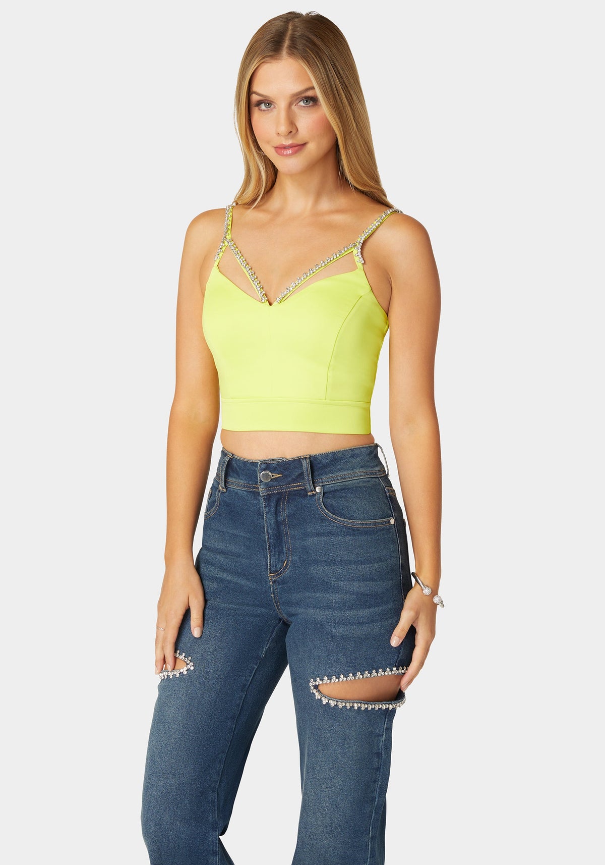 Bebe Rhinestone Trim Sleeveless Knit Top