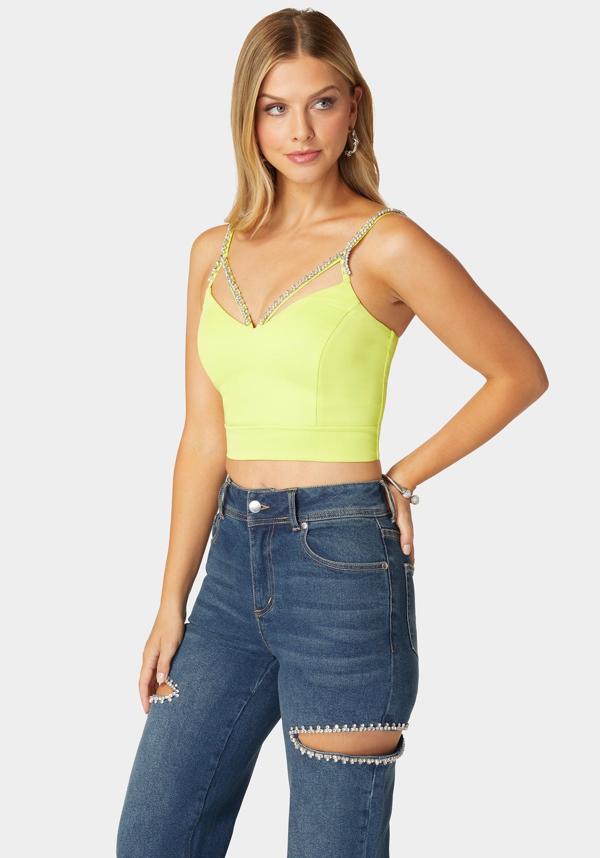 Bebe Rhinestone Trim Sleeveless Knit Top