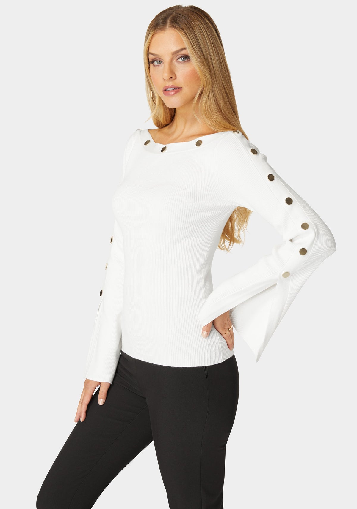 Bebe Off-Shoulder Bateau Snapped Slit Sweater