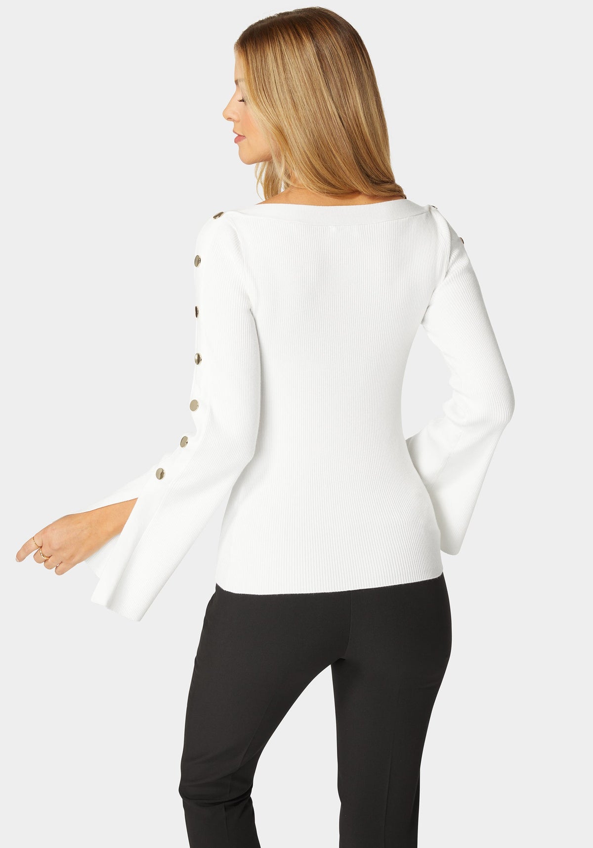 Bebe Off-Shoulder Bateau Snapped Slit Sweater