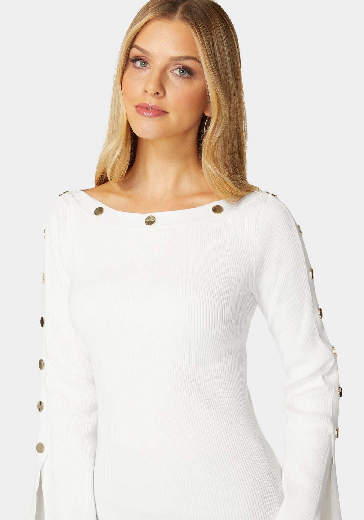 Bebe Off-Shoulder Bateau Snapped Slit Sweater