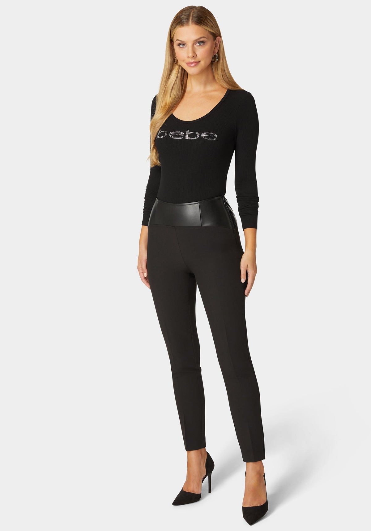 Bebe Vegan Leather Yoke Slim-Leg Trousers