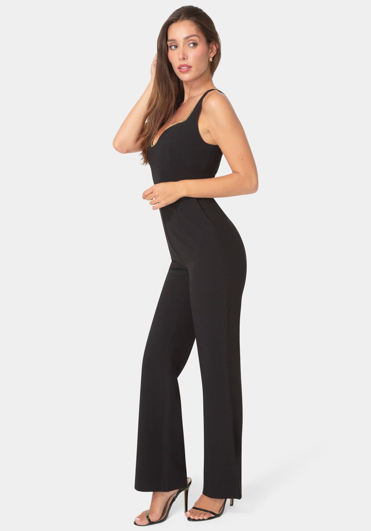 Bebe Plunging U-Neck Chain Detail Wide-Leg Jumpsuit