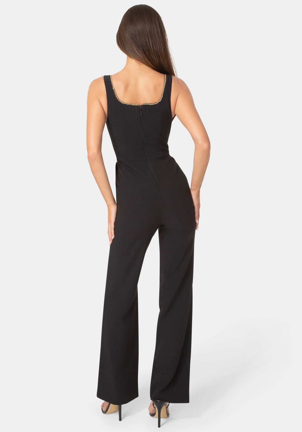Bebe Plunging U-Neck Chain Detail Wide-Leg Jumpsuit