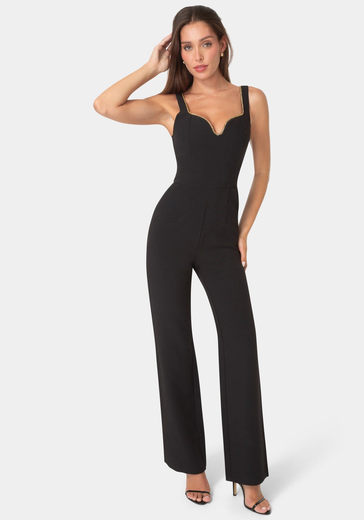 Bebe Plunging U-Neck Chain Detail Wide-Leg Jumpsuit