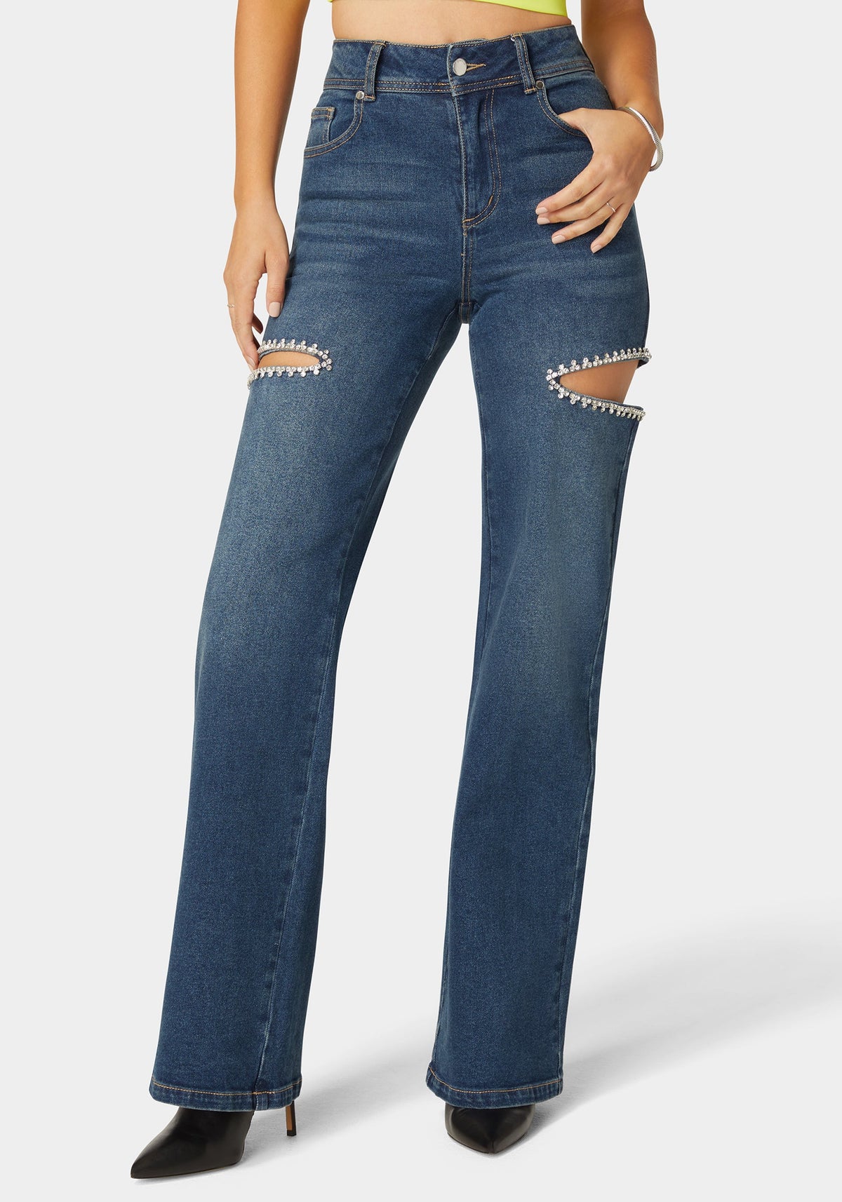 Bebe High-Waist Studded Cut-Out Wide-Leg Jeans