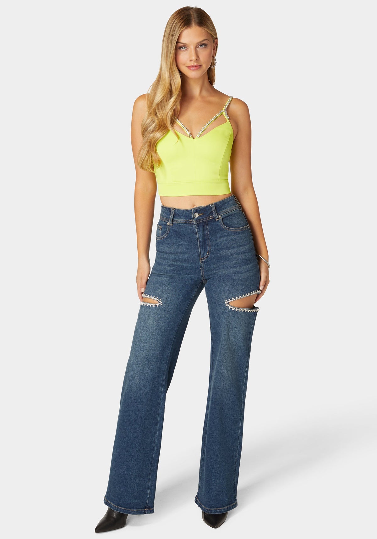 Bebe High-Waist Studded Cut-Out Wide-Leg Jeans