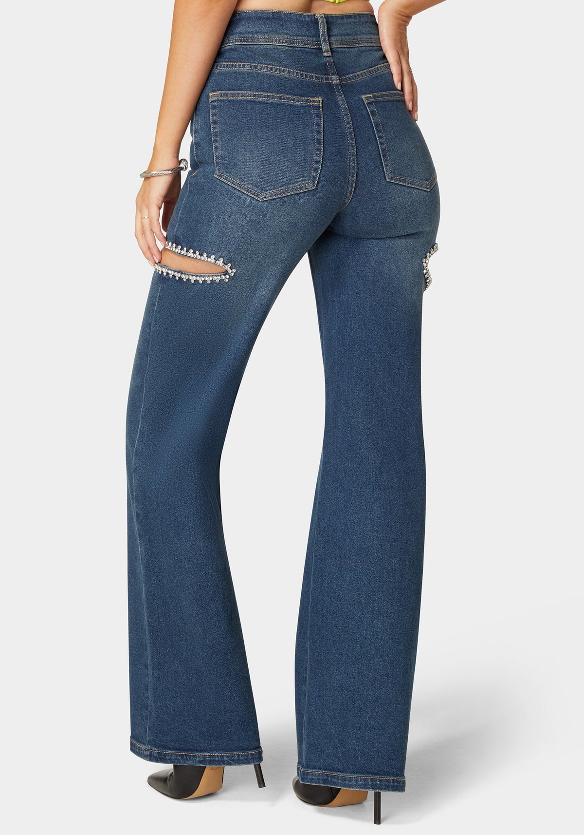 Bebe High-Waist Studded Cut-Out Wide-Leg Jeans