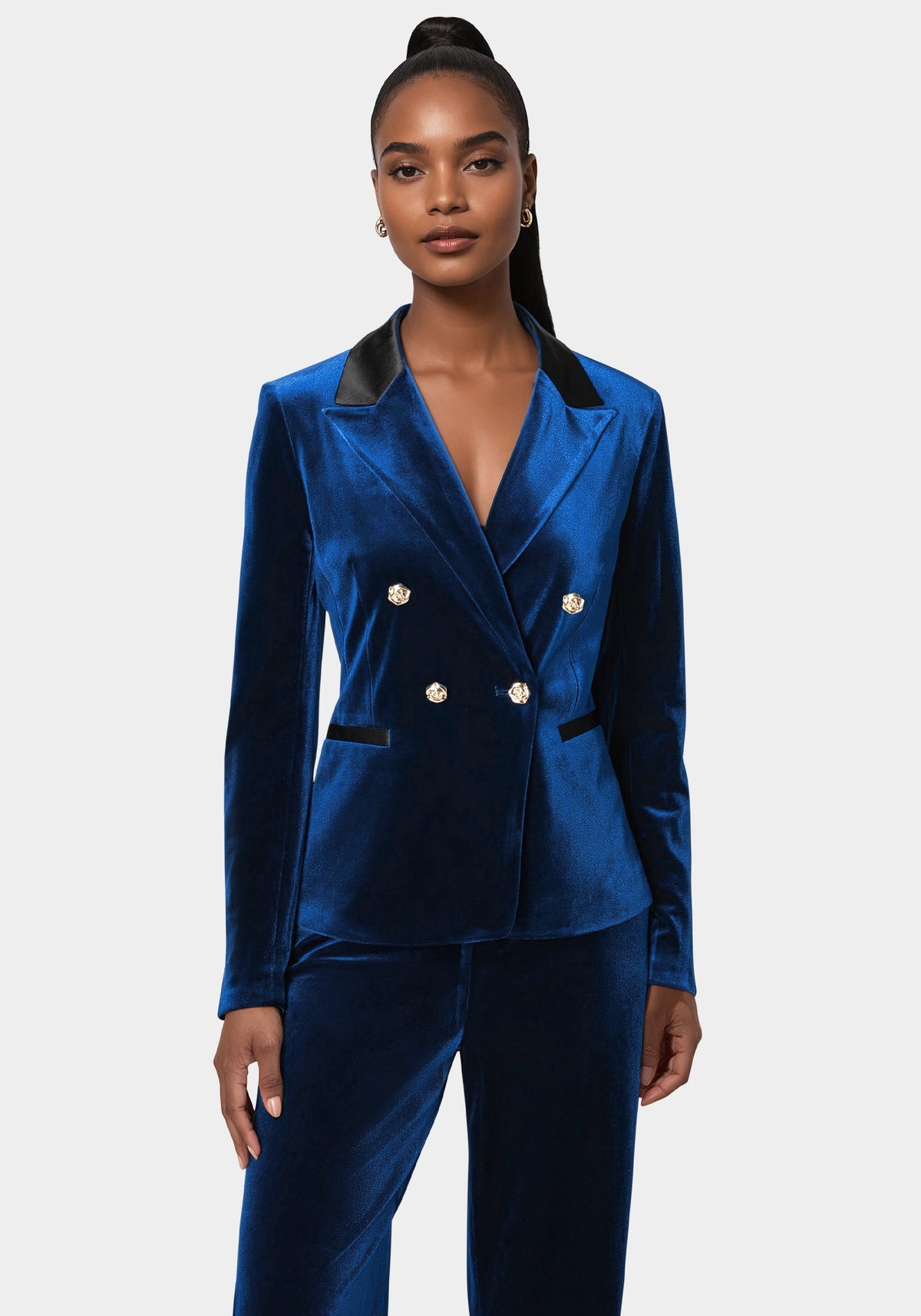 Bebe Double-Breasted Combo Satin Velour Blazer