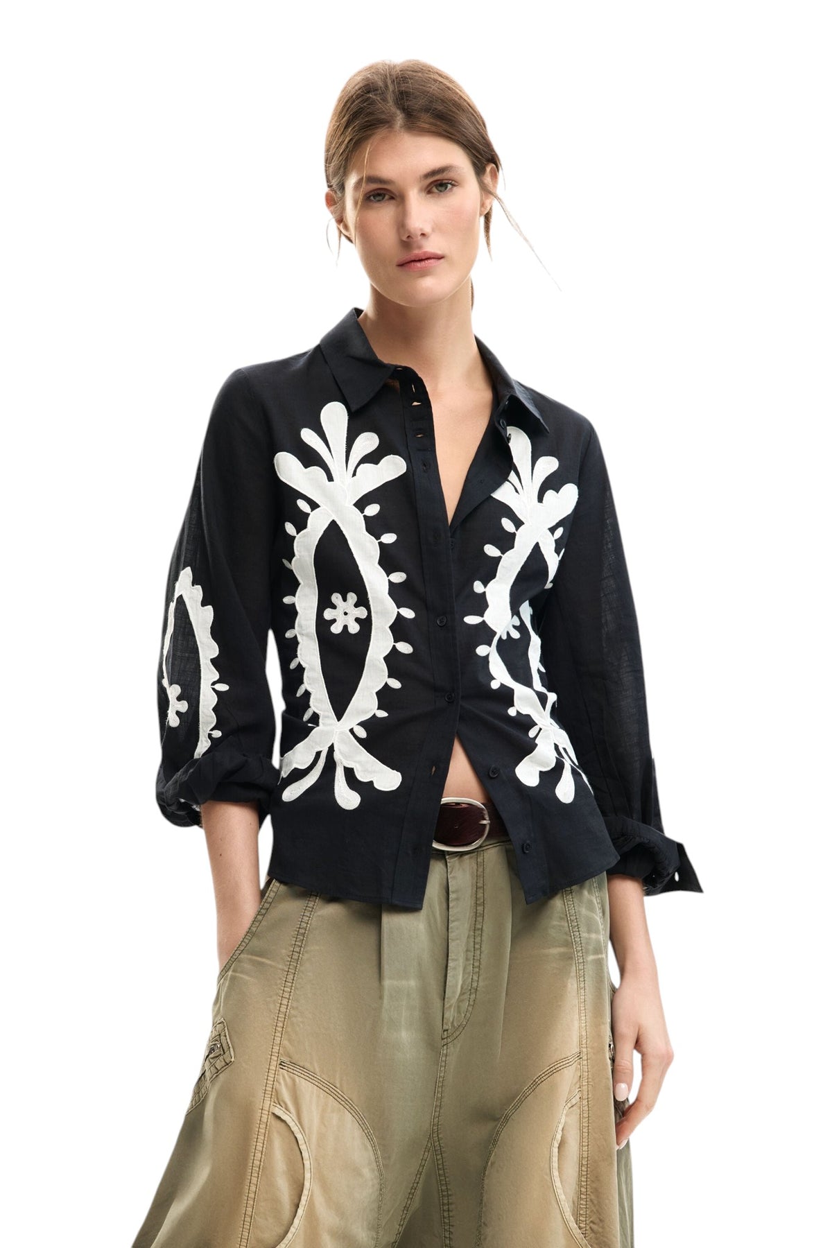 Desigual Regular-fit shirt with puff sleeves and embroidered details on the sleeves