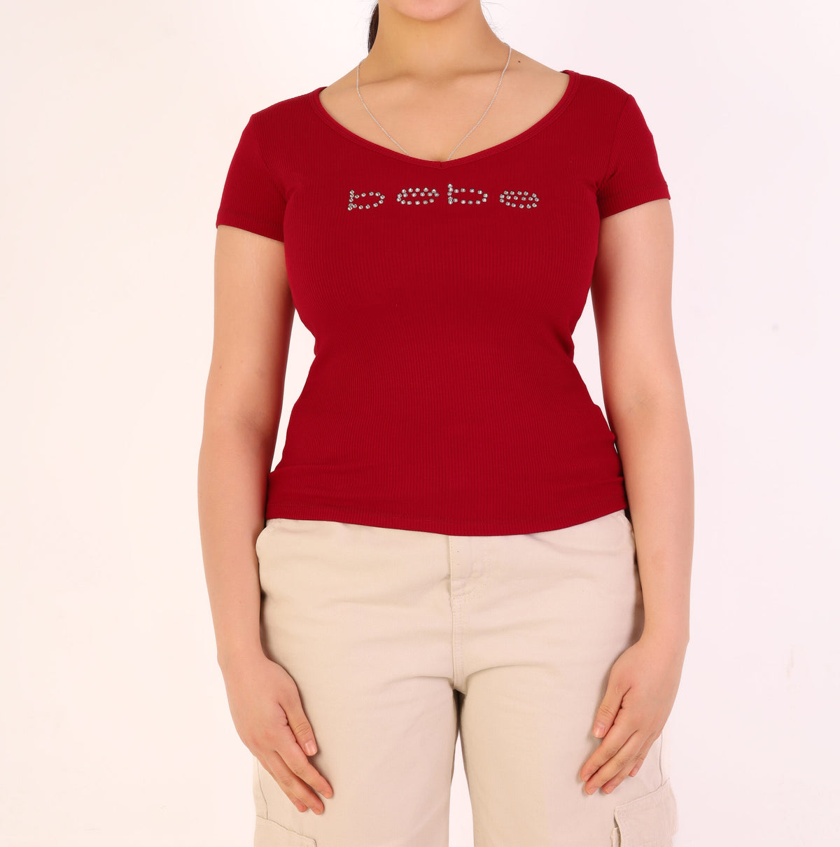 Bebe Rhinestone Embellished Ribbed V-Neck Short Sleeve Top