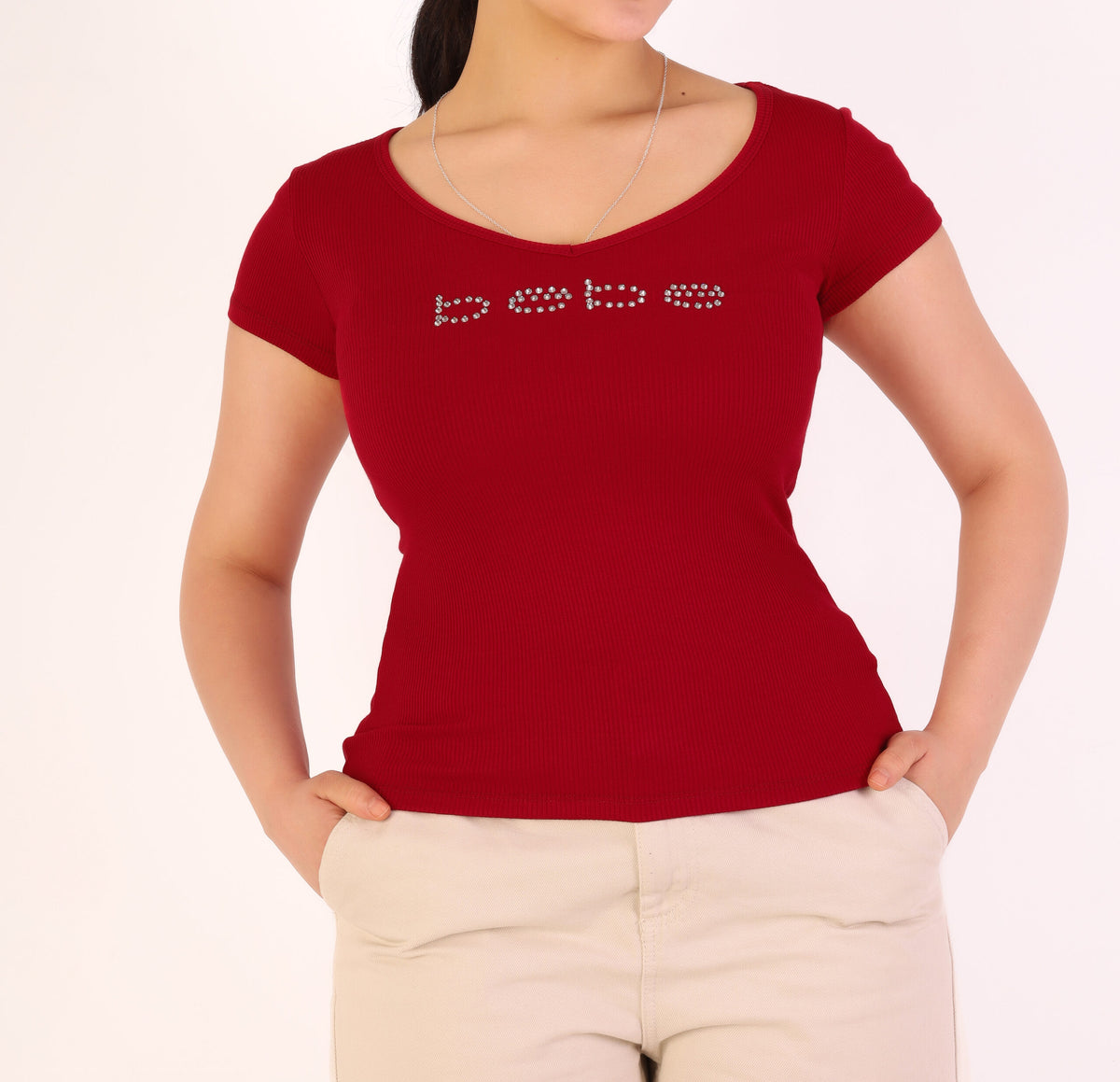 Bebe Rhinestone Embellished Ribbed V-Neck Short Sleeve Top