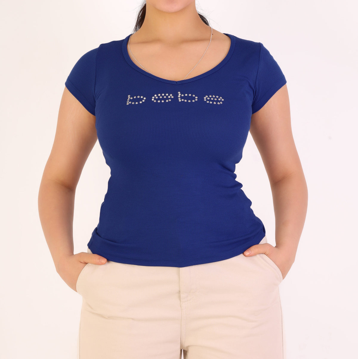 Bebe Rhinestone Embellished Ribbed V-Neck Short Sleeve Top