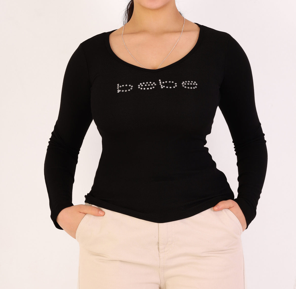 Bebe Rhinestone Embellished Long Sleeve Top