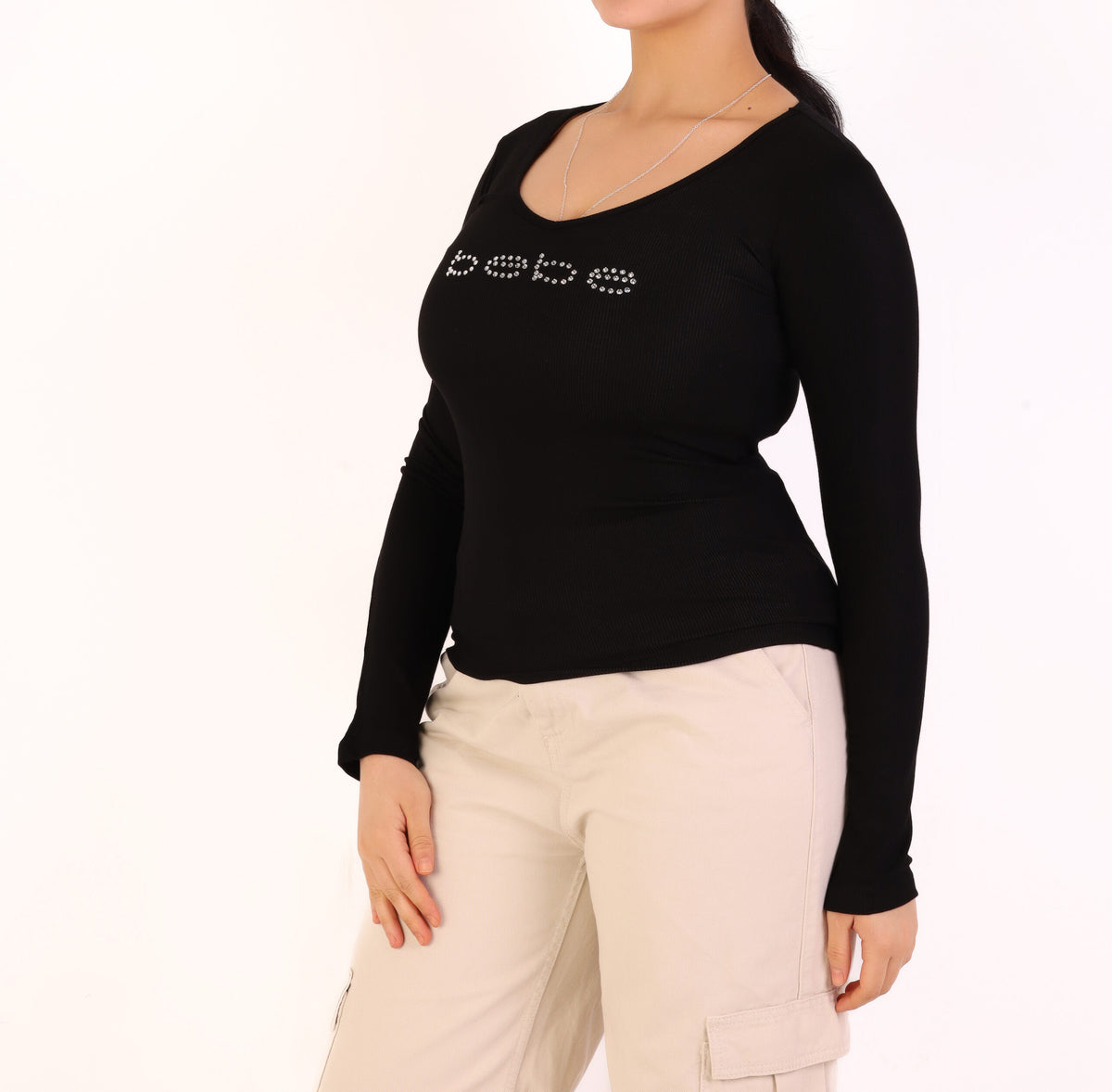 Bebe Rhinestone Embellished Long Sleeve Top