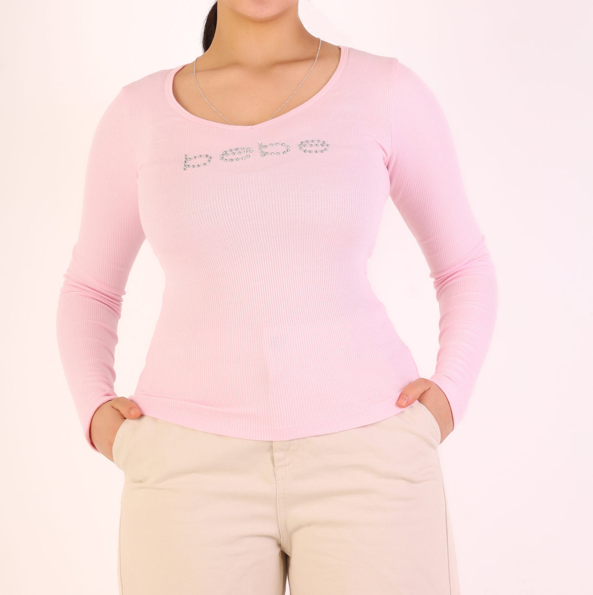 Bebe Rhinestone Embellished Long Sleeve Top