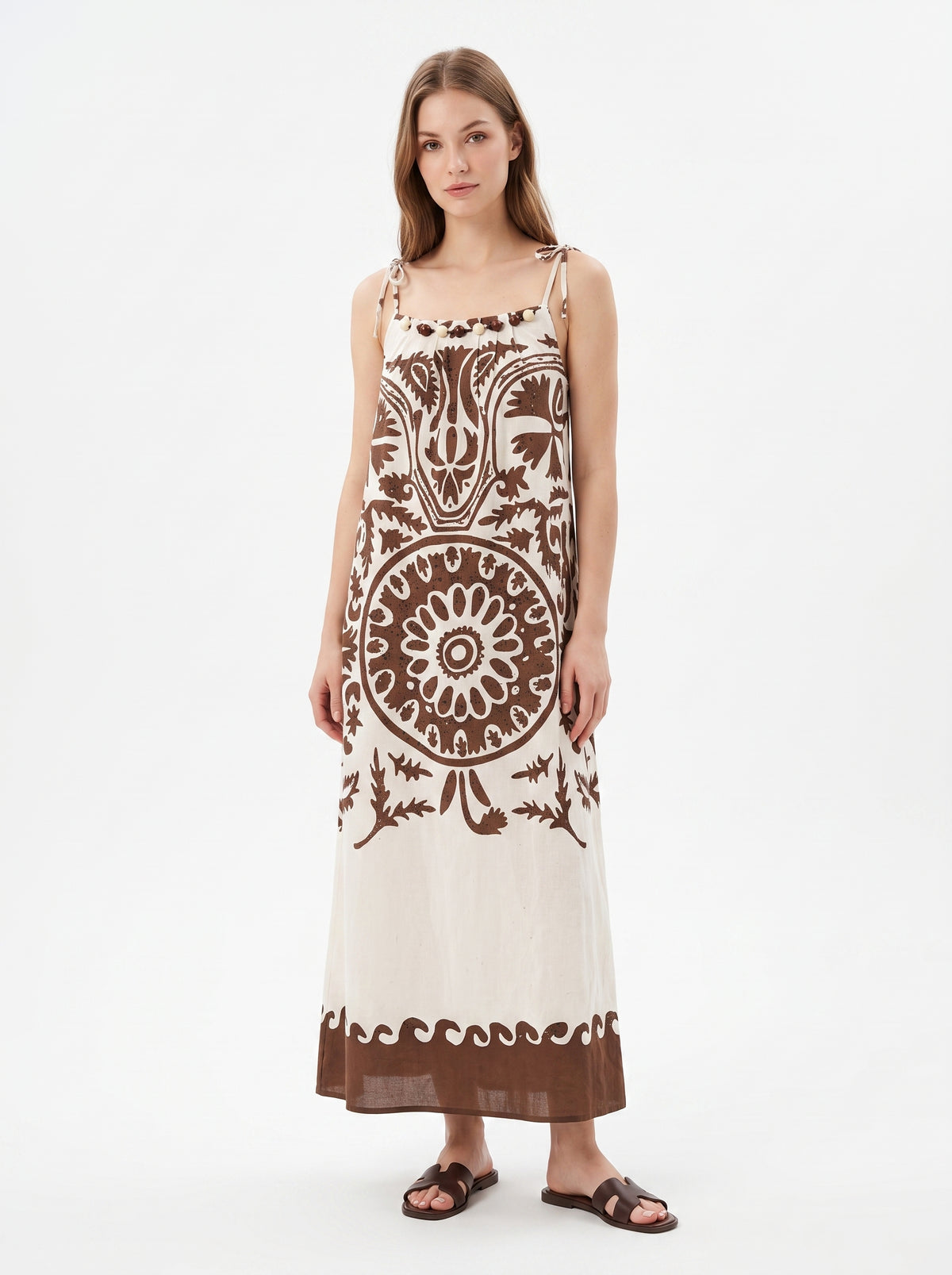 Women'S Printed Sleeveless Maxi Dress - Brown