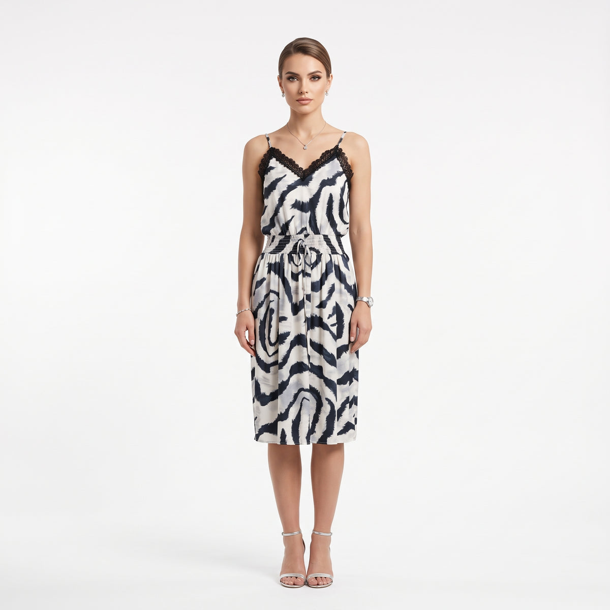 Women'S Zebra Print Midi Dress - Black