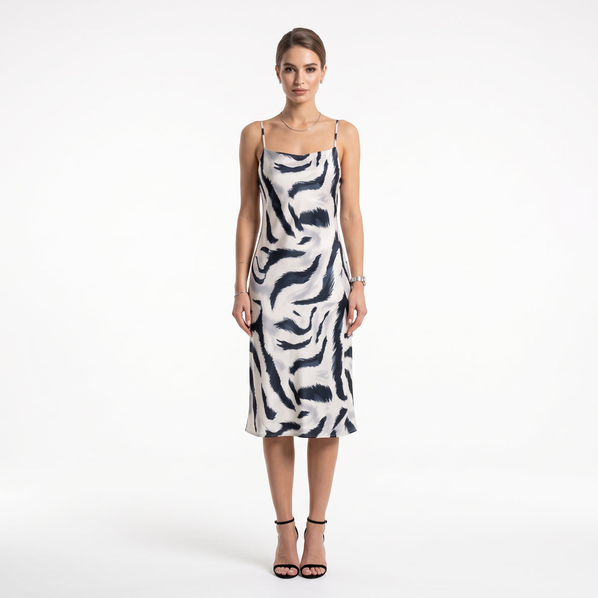Women'S Zebra Print Midi Dress With Side Slit - Black