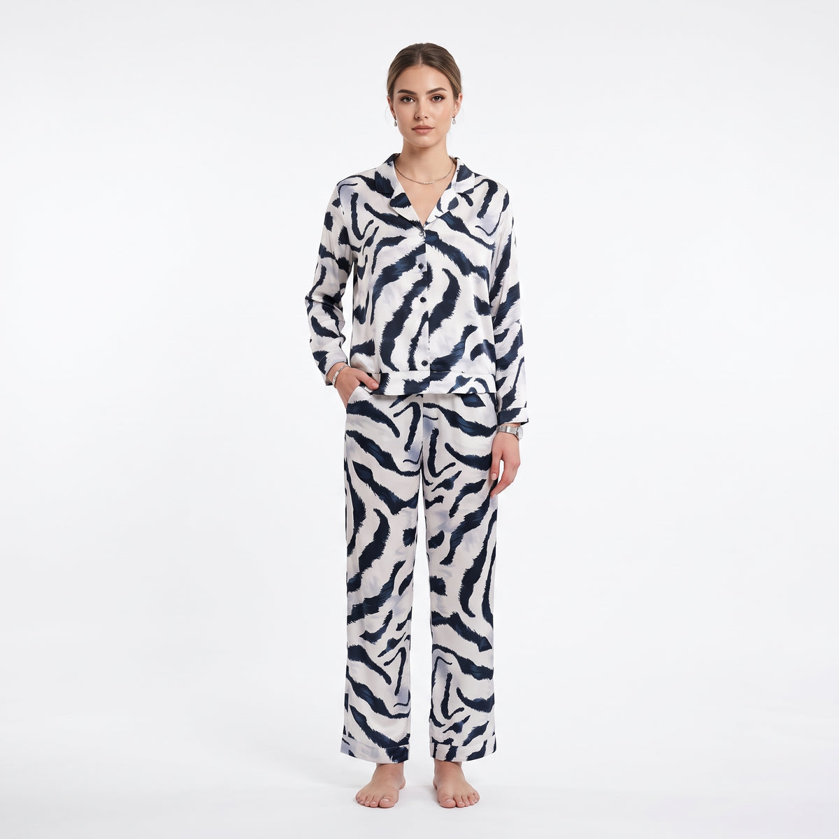 Women'S Zebra Print Long-Sleeve Jumpsuit - Black