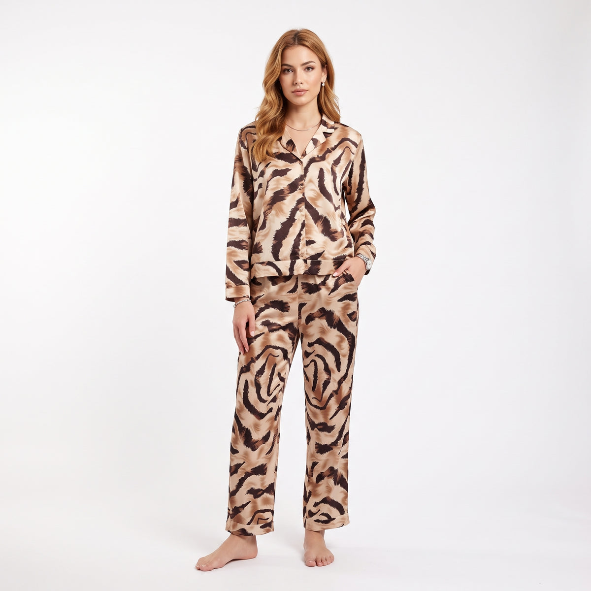 Women'S Brown Animal Print Long-Sleeve Jumpsuit - Brown