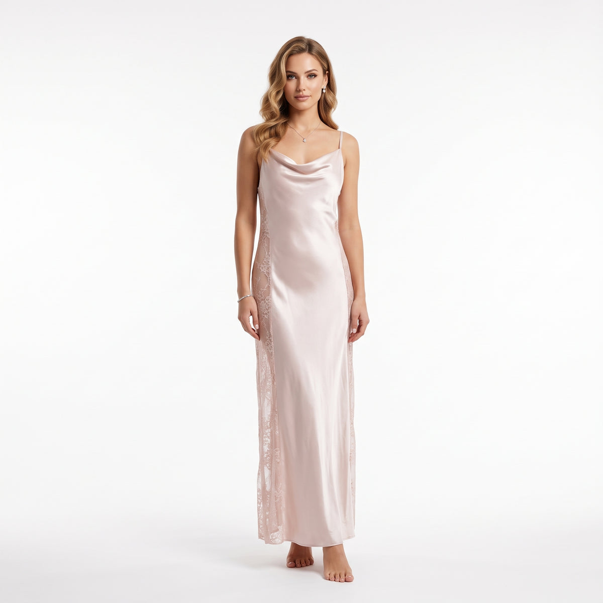 Women'S Champagne Satin Maxi Slip Dress - Beige
