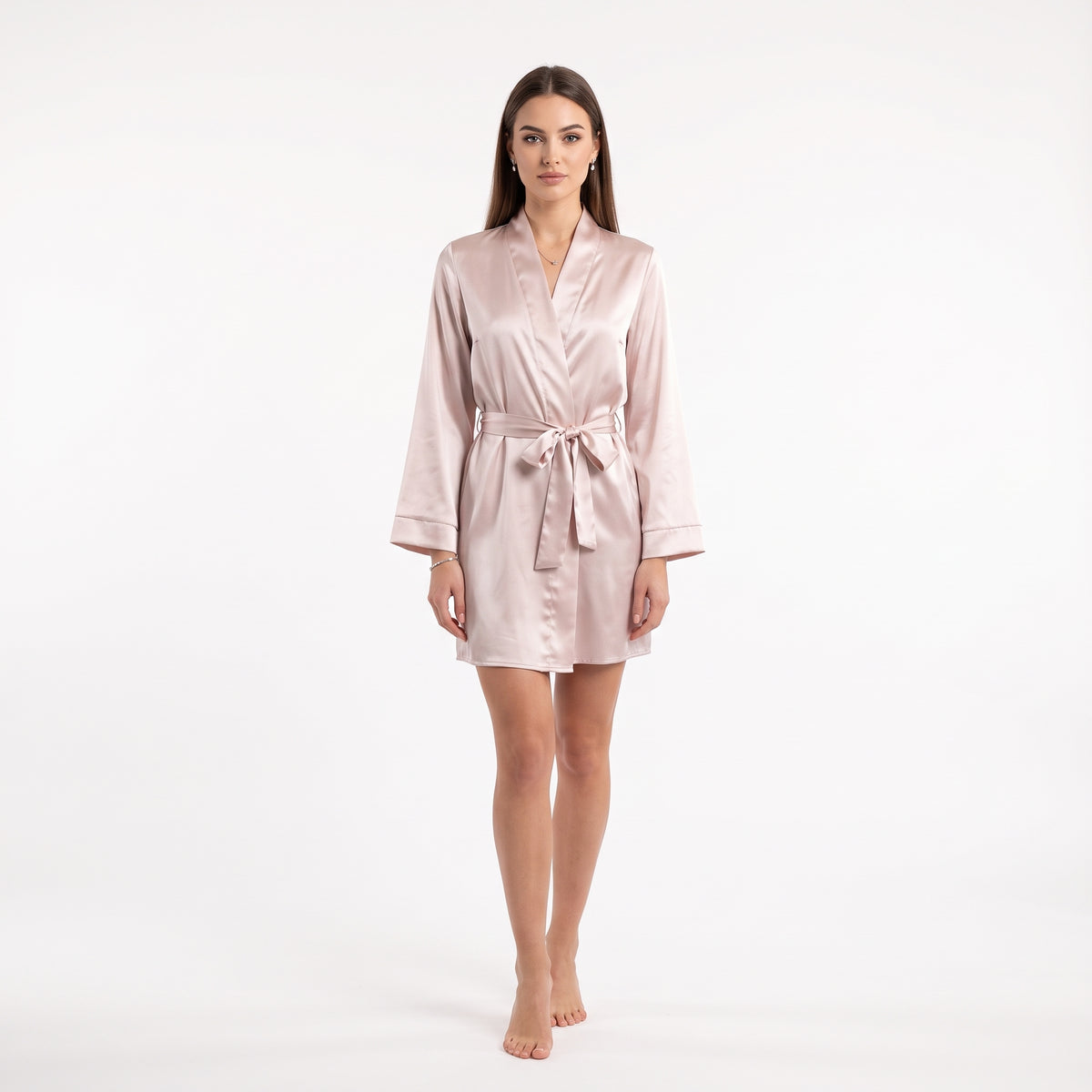 Women'S Blush Satin Robe And Shorts Set - Beige
