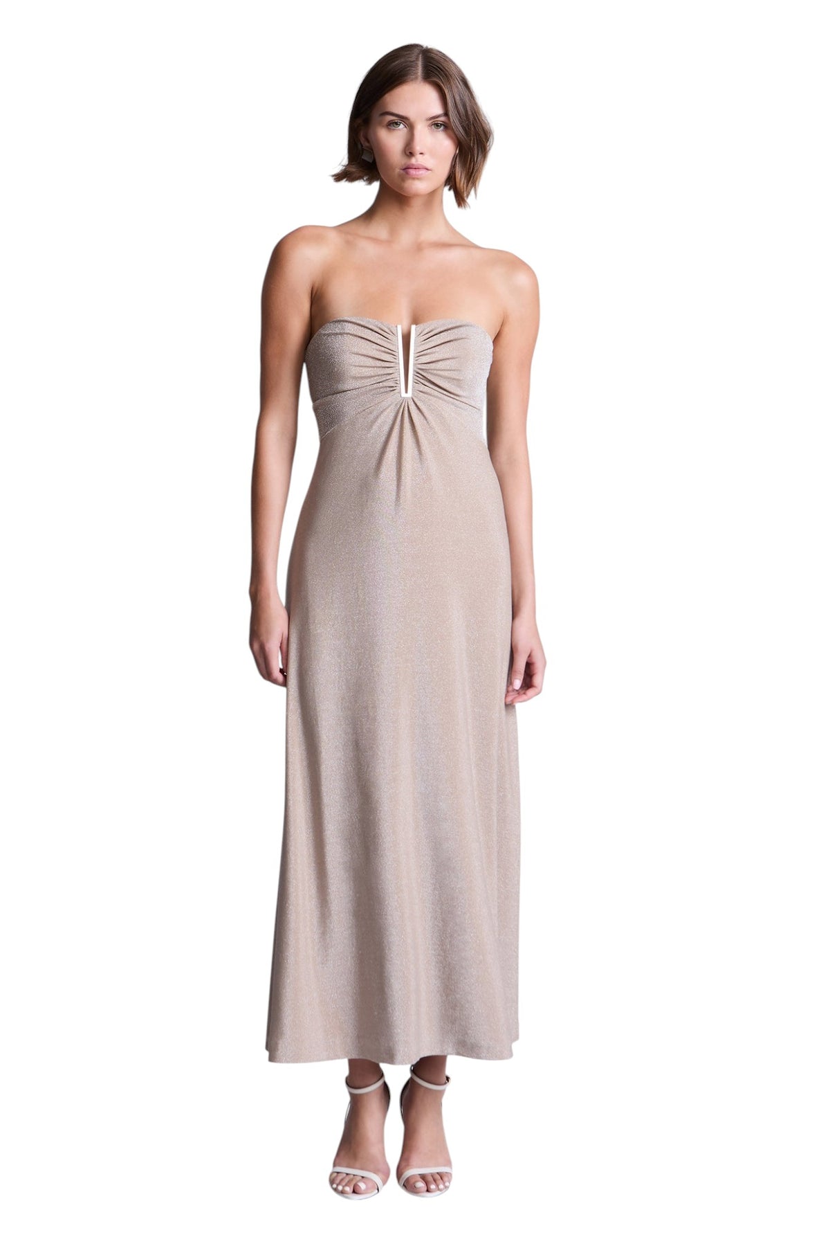 BCBGMAXAZARIA Lola Dress Champagne metallic-knit dress featuring an ankle-length silhouette with an airy fluid flare.