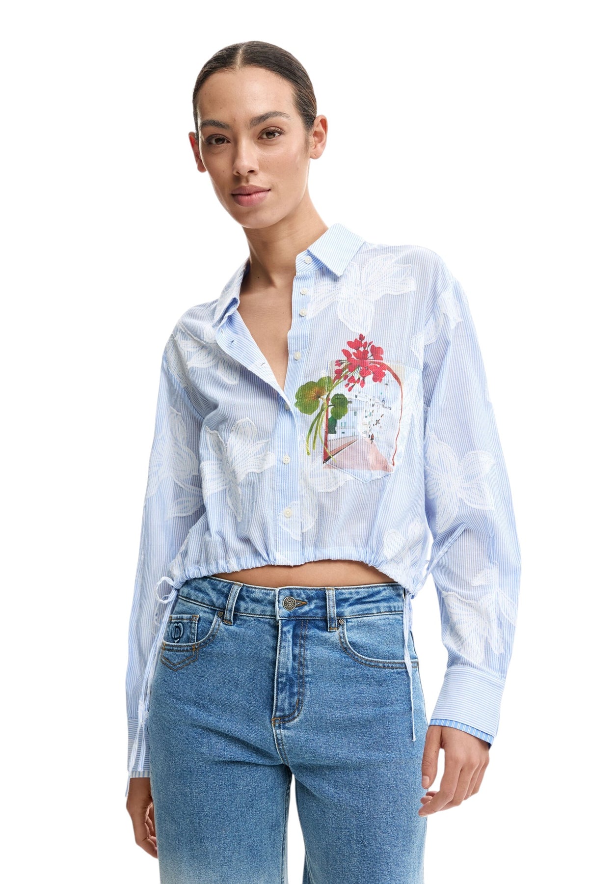 Desigual cotton fabric shirt with digital floral print on the front. Shirt collar