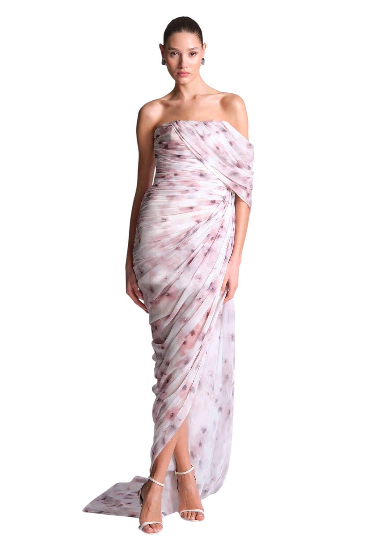 BCBGMAXAZARIA Isabella Printed Gown Draped printed in sheer chiffon with a soft fluid hand and a blurred floral wash.