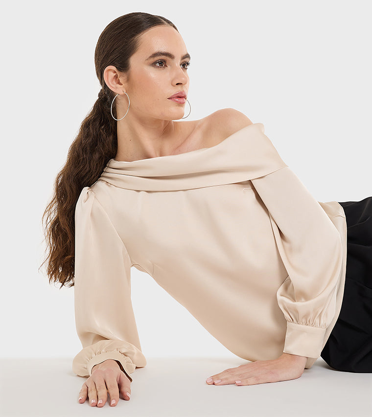 BCBGMAXAZARIA Draped Asymmetric Neck Satin Top For Women