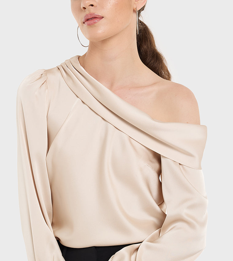 BCBGMAXAZARIA Draped Asymmetric Neck Satin Top For Women