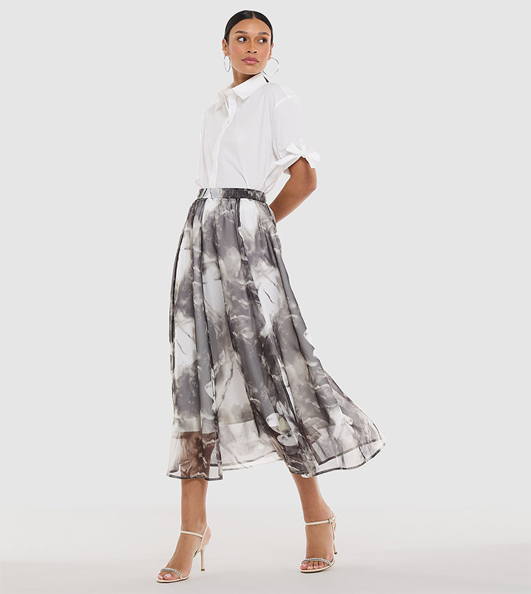 BCBGMAXAZARIA Patterned Elastic Waist Flared Midi Skirt For Women