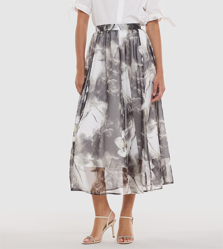 BCBGMAXAZARIA Patterned Elastic Waist Flared Midi Skirt For Women