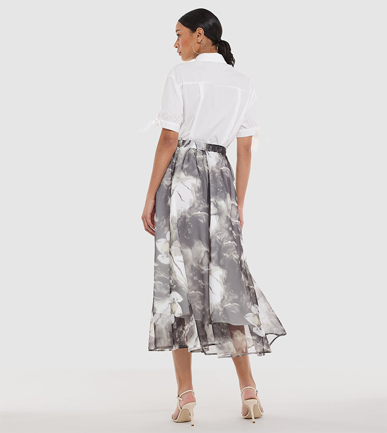 BCBGMAXAZARIA Patterned Elastic Waist Flared Midi Skirt For Women